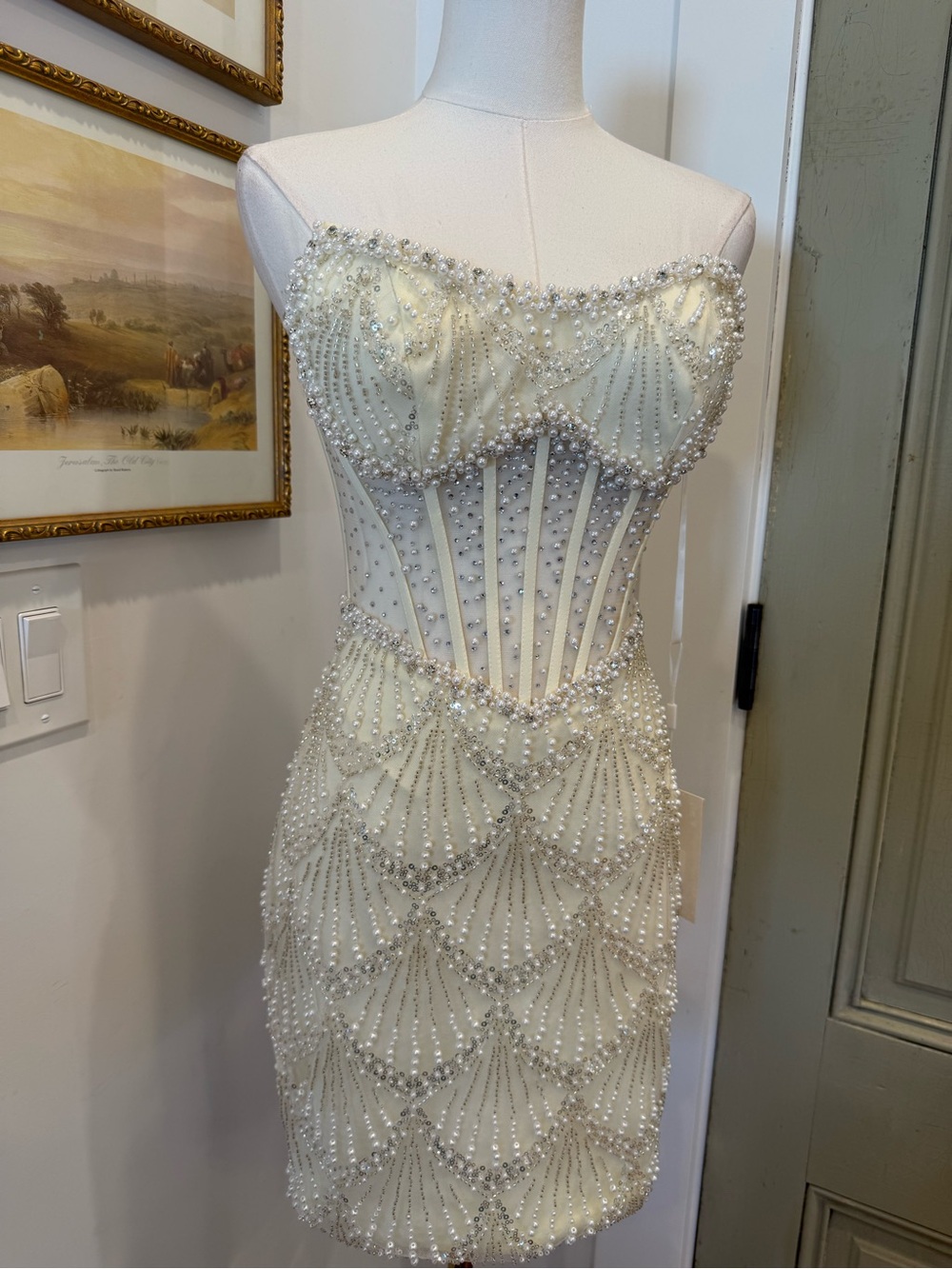 NWT Strapless Ivory Pearl-Embellished Mini Dress - Picture 8 of 10